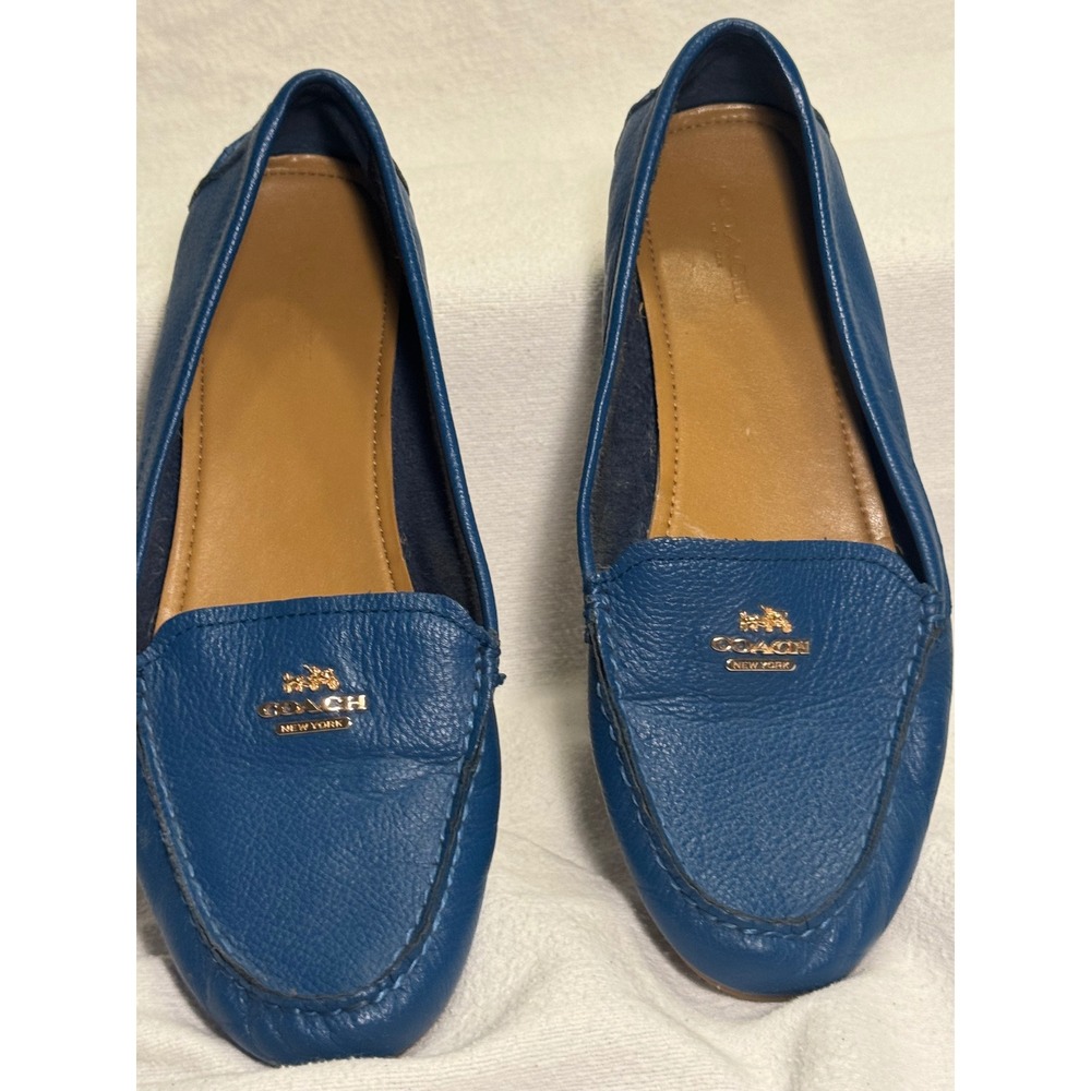 Coach Blue Pebbled Leather Driving Loafers Gold Horse Carriage Flats Womens